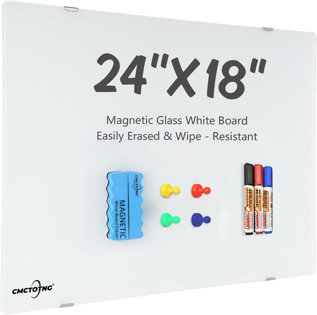 Wall-Mounted Magnetic Tempered Glass White Board Frameless Dry Erase Board Wall Mounted Ideal for Office Classroom School Kitchen and HomeDurable Whiteboard Frameless (24''X18'')