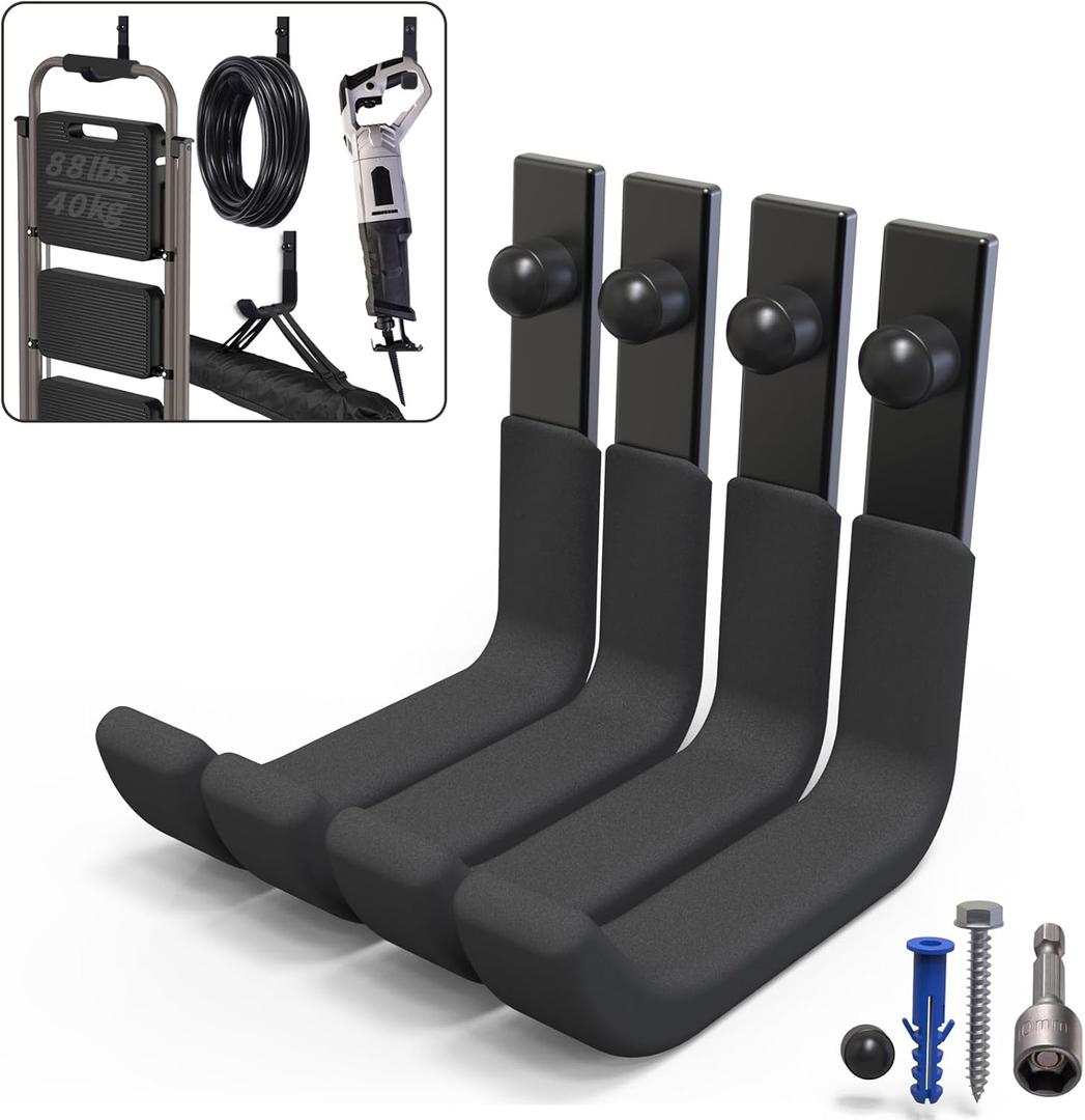 4 Pack Garage Storage Hooks, Ladder Hangers, Steel Wall Mount Hooks, Utility Hooks for Hanging Heavy Duty Shed Tools, Ropes, Garden Hoses, Shovel, Bulk Items, etc.88lbs, 4Inch (Black)