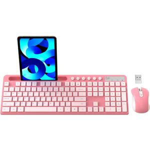 Wireless Keyboard and Mouse Combo, MARVO 2.4G Ergonomic Wireless Computer Keyboard with Phone Tablet Holder, Silent Mouse with 6 Button, Compatible with MacBook, Windows (Sakura Pink)