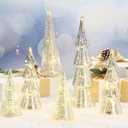 6 Pcs Mercury Glass Christmas Tree Silver Plate Glass Figurines with LED Fairy Lights 11 in Tall Silver Finish Light up Christmas Tree Ornaments Holiday Table Centerpiece Tabletop(Classic)