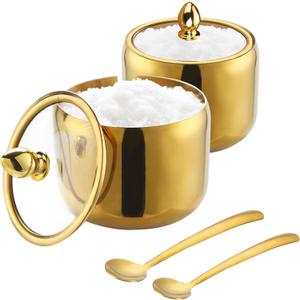 IBWell 10oz Sugar Bowl with Clear Lid and Spoon 2 Pack Gold Coffee Bar Containers for Kitchen Stainless Canister for Seasoning