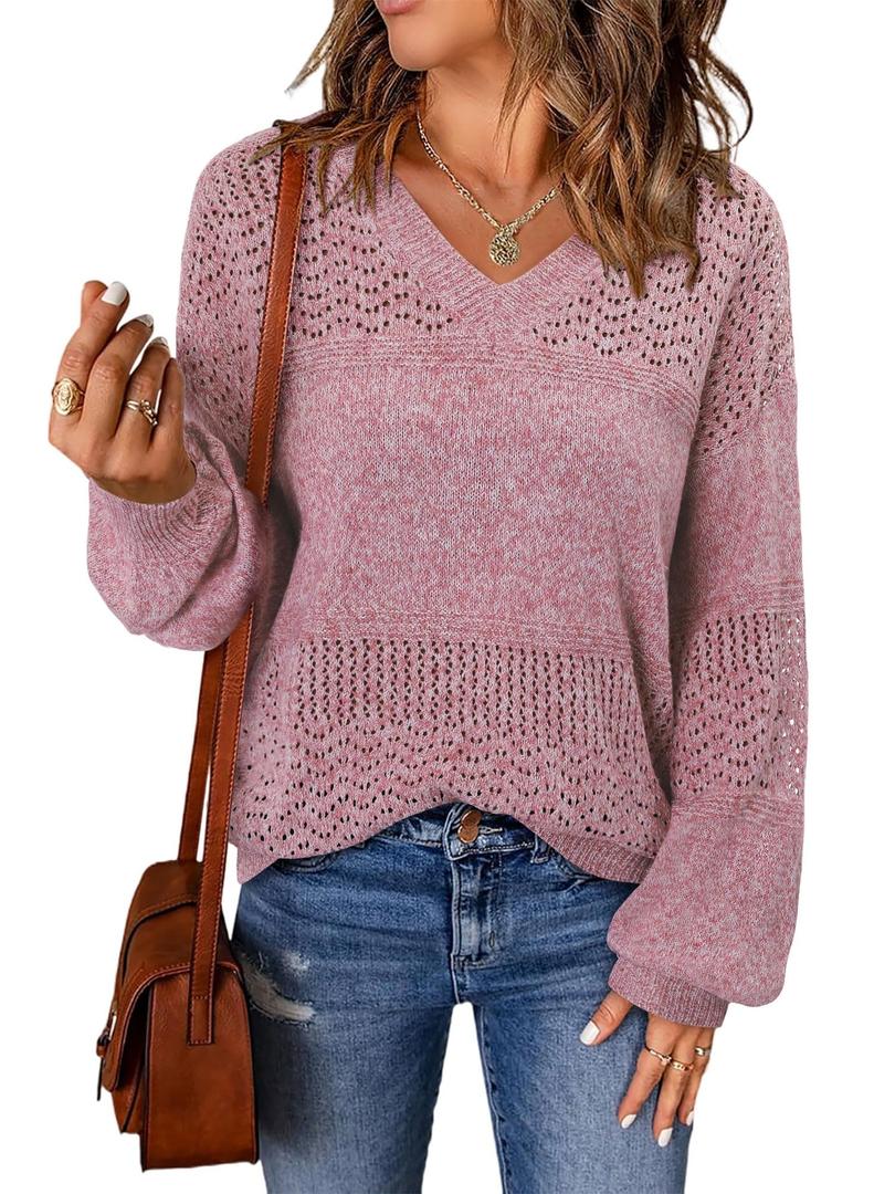 onlypuff Fall European Outfits for Women V Neck Sweaters Lightweigtht Pullover Trendy Tunic Tops Crochet Pointelle Sweater Fall Clothes Pink S (Pink, S)