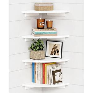 Forbena Corner White Floating Book Shelves for Wall Set of 4, Wood Nursery Corner Bookshelf for Kids Bedroom, Large Modern Round Wall Bookshelves for Living Room Decor, Indoor Plants, Bathroom