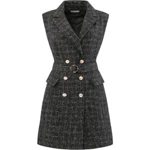 Women's Sleeveless Tweed Dress Collared Belted Button Down Work Blazer Dresses (Medium, Black)
