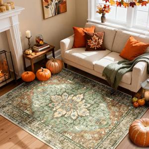 Area Rugs 4'x6' Washable Non-Slip, Floral Vintage Distress Print Pattern Medallion Carpet for Living Room Bedroom Dining Room, Brick Red Rust Neutral Brown Burnt Orange Green