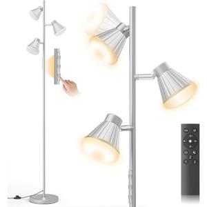 SIBRILLE 36W LED Tree Floor Lamp, Dimmable Tall Standing Lamp with Remote & Touch Control, 4 Color Temperatures Bright Floor Lamp, 3 Rotatable Light Modern Floor Lamps for Living Room Bedroom Office (Silver)
