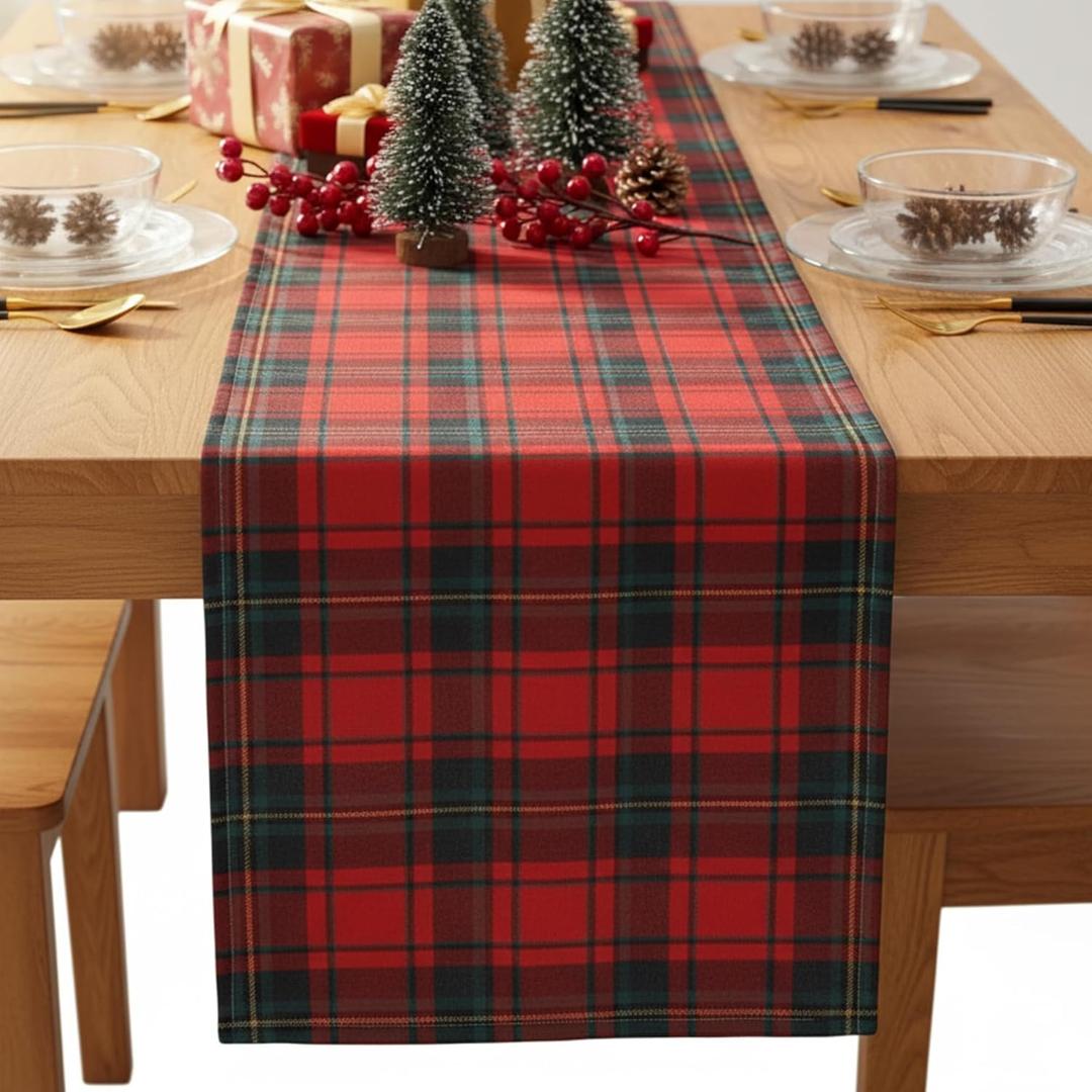 2 Pcs Christmas Tartan Plaid Table Runner 72 x 13 Inch Red Green Scottish Tartan Plaid Table Decoration Xmas Farmhouse Desk Supplies for Kitchen Dinner Family Holiday Birthday Home Party