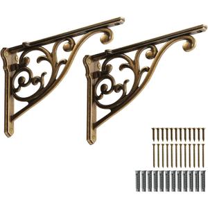 Khtumeware Shelf Bracket 10 Inch, Decorative Brackets for Shelving, Heavy Duty Vintage Ornate Shelf Bracket , Hardware Included, 2 Pack,Antique Brass, 9.84x7x1.73 inch
