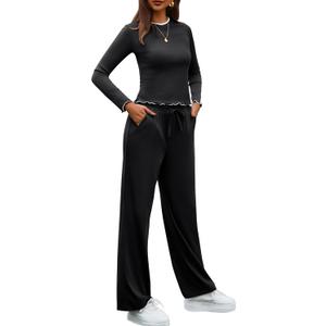 Gargenwed Women's Two-Piece Lounge Set, Long Sleeve Top and Wide Leg Pants with Pocket Casual Comfort Outfit (X-Large, Black)