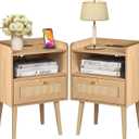 Rattan Nightstand with Charging Station, Mid Century Modern Bed Side Table, Boho End Table with Wood Legs, Bedside Tables for Farmhouse Bedroom Living Room Dorm Sofa Couch Office Corner (2, Natural)