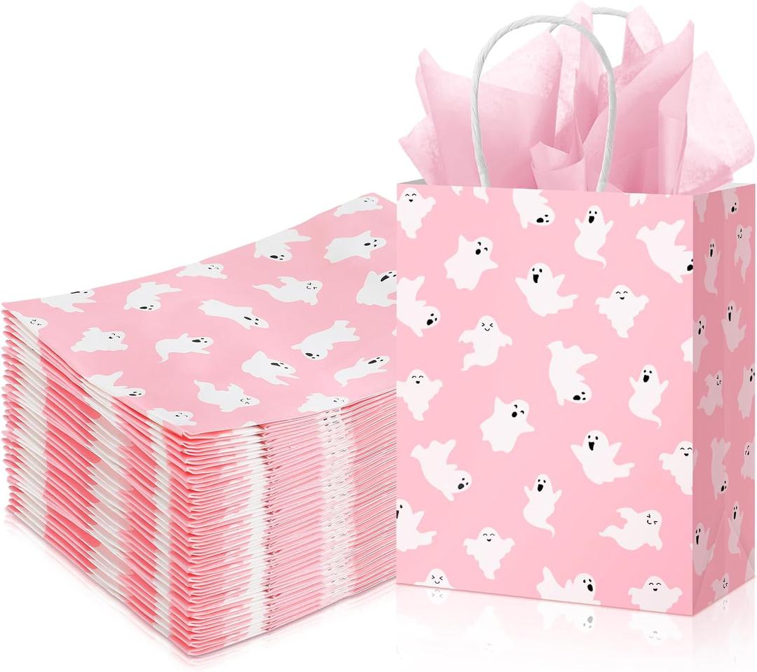 Kolldenn 30 Pcs Halloween Ghost Paper Gift Bags with Handles Cute Pink Ghost Goodie Treat Bags for Halloween Party Booday Favor Supplies