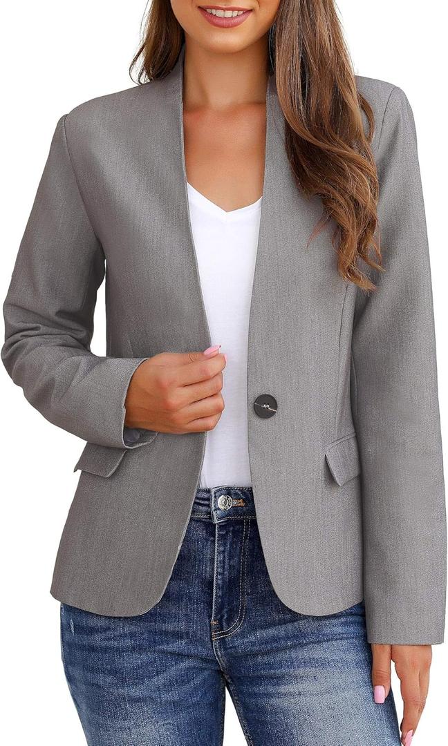 GRAPENT Women's Business Casual Pockets Work Office Blazer Back Slit Jacket Suit (Medium, Grey)