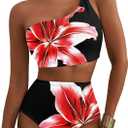 Herseas Women's High Waisted Bikini Sets One Shoulder Floral Print Swimsuits 2 Piece Tummy Control Bathing Suits (Black Red Floral, Small)