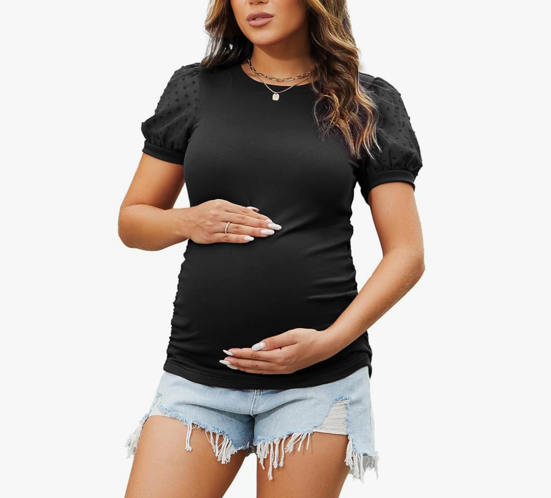 Bhome Maternity Puff Sleeve Summer Tops Crew Neck Swiss Dot Lace Shirts (Medium, Black)