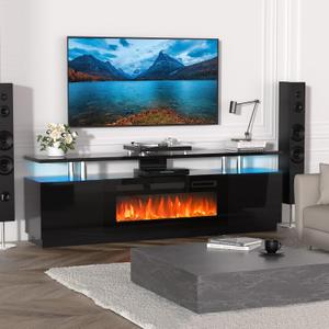 GarveeHome 70 Inch Fireplace TV Stand with 36 Inch Electric Fireplace, 12 Colors LED Lights, 750W/1500W for Max 80 Inch TV, 2 Tier Storage 2 Door Cabinet Tv Stand with Fireplace