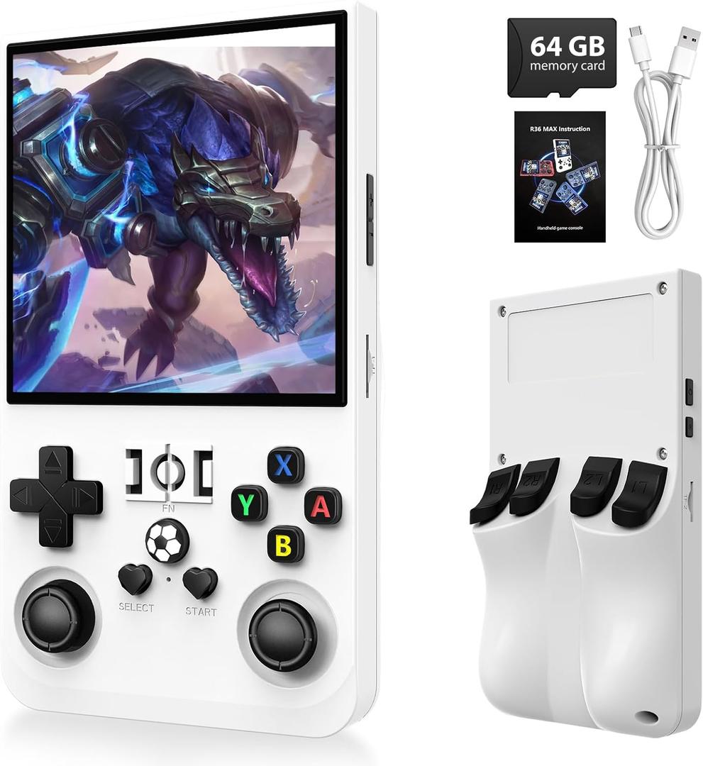 R36MAX Game Console,4.0 Inch IPS Screen Linux System with 64GB TF Card,Retro Gaming Console Built in Games,Retro Game Console for Adults,4000mAh Battery (White)