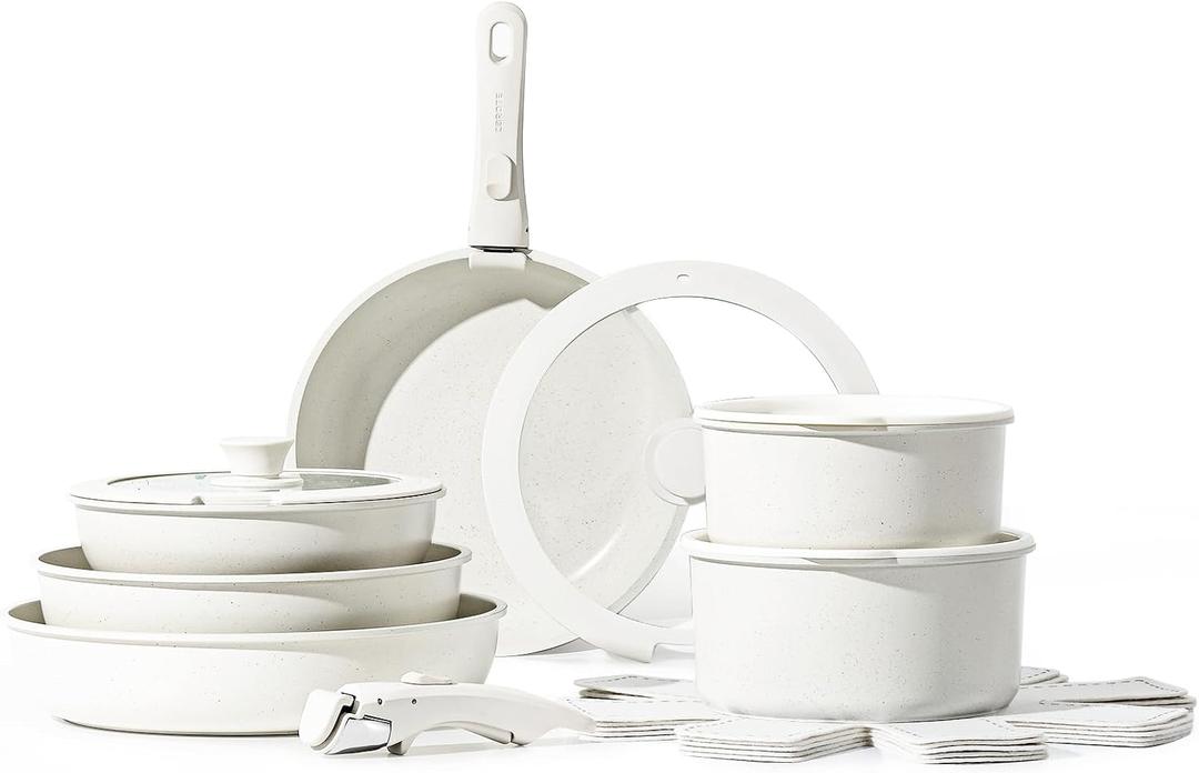 CAROTE 16pcs Pots and Pans Set, Nonstick Cookware Set Detachable Handle, Induction Kitchen Cookware Sets Non Stick with Removable Handle, RV Cookware Set, Oven Safe, Frying Pan Set (Cream White)
