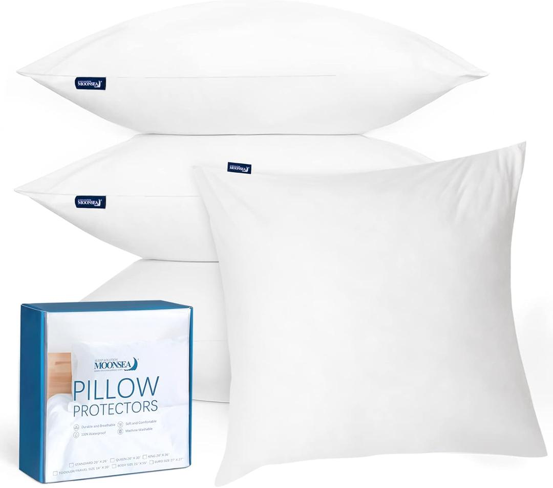 22x22 Pillow Cover Waterproof Pillow Protector Set of 4 for Square Throw Pillow 22x22 Inch, White Zippered Pillow Protector, Feather Proof Pillow Case Protector