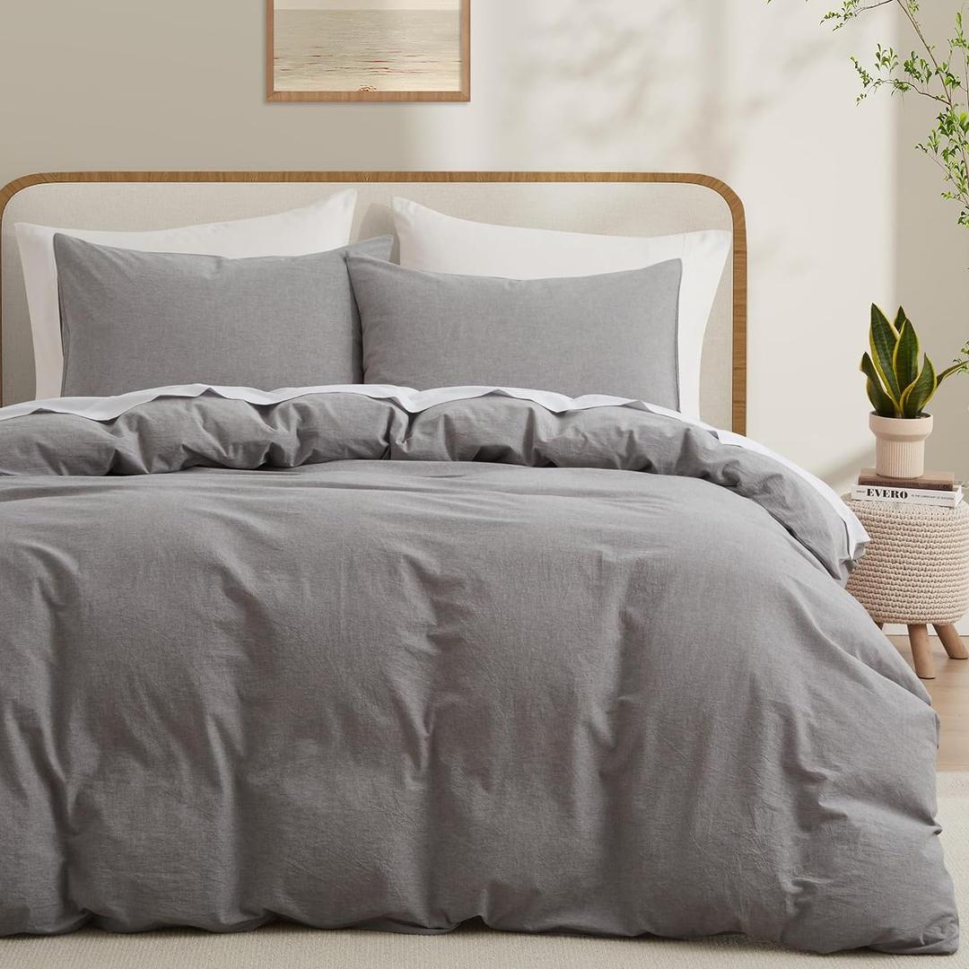 LOVQUE Light Grey Cotton Duvet Cover Twin Size, Linen Like Natural Bedding Set with Zipper Closure (No Comforter), 68x90 Inches