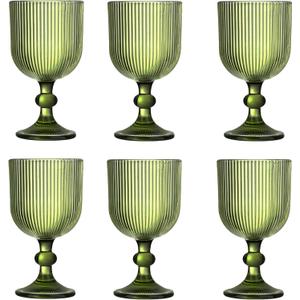 Green Vintage Wine Glasses Set of 6, 11 Ounces Colored Glass Water Goblets, Unique Embossed Pattern High Clear Stemmed Glassware Wedding Party Bar Glass Drinking Cups Fancy Glasses Vertical Line