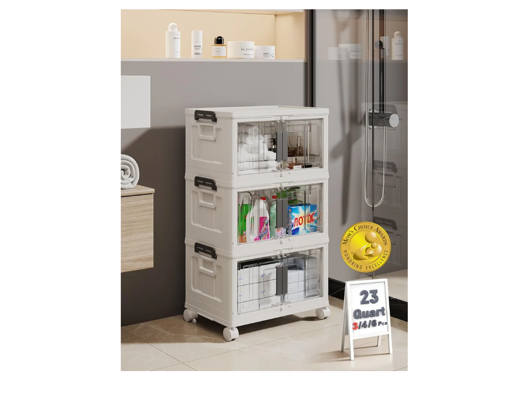 OlarHike 23QT Stackable Storage Bins with Lids - Folding Storage Box with Doors and Wheels, Collapsible Plastic Storage Bins for Closets and Organization, Bathroom, Gifts, 3 Pack Cubes