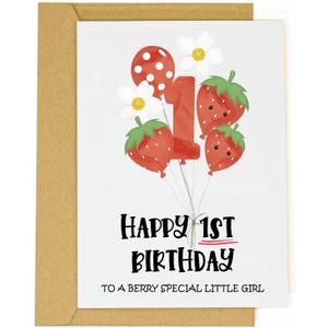 Berry First Birthday Card for GirlSweet Strawberry Themed 1st Birthday Greeting Card for Daughter Niece or Granddaughter  Baby Girl First Gift Card Cute Keepsake (Strawberry-Red)