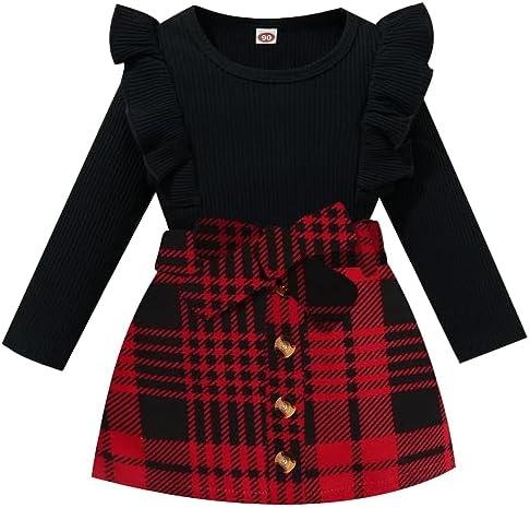 AMAWMW Toddler Baby Girl Fall Winter Clothes Long Sleeve Ruffle Shirt Corduroy Mini Skirt Infant Girl A-line Dress.140
