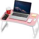 Laptop Bed Desk, Foldable Lap Table, Portable Study Table, Laptop Stand with Cup Holder & Tablet Slot & Lifting Handle for Working Writing Drawing & Eating - Pink