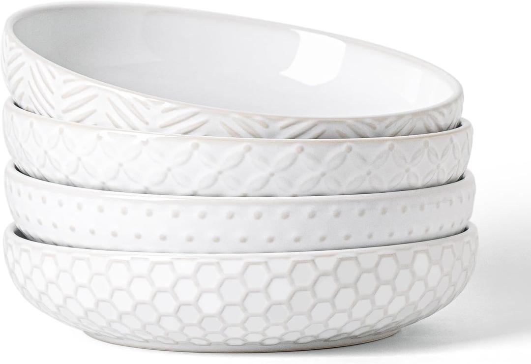 FOBENTA Embossed Ceramic Pasta Bowls, 42 oz Bowl Plates Set,9-Inch Large Serving Bowls Set of 4, Perfect for Pasta, Salad, Fruit, Sturdy&Stackable, Microwave & Dishwasher Safe (Arctic White)