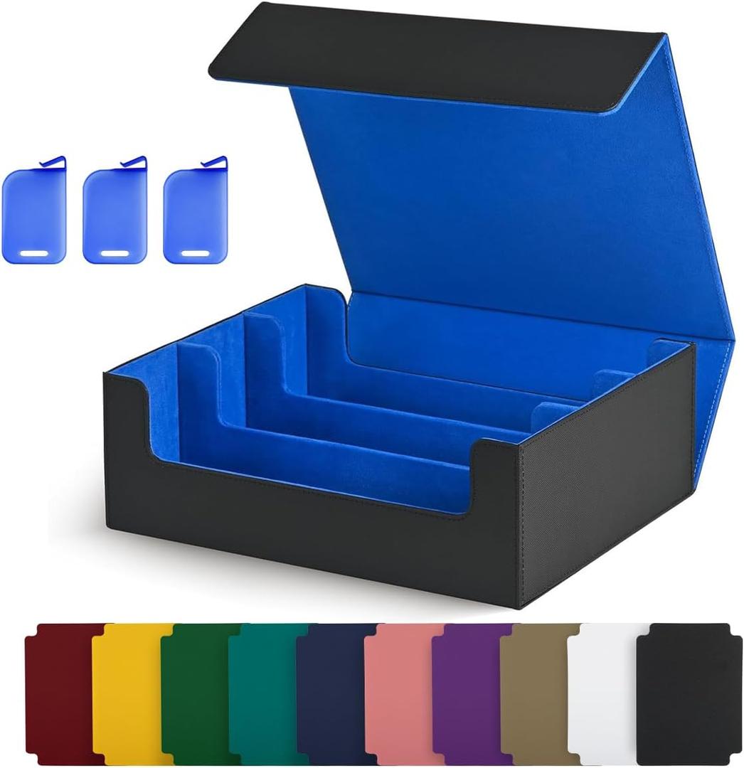 Trading Card Storage Box, Holds 1800 Sleeved Cards with 10 Dividers & 3 Stoppers, Magnetic Closure PU Leather Card Case for MTG, PTCG, YGO, Sports Cards (Black&Blue)