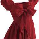 SHENHE Women's Summer Puff Sleeve Peplum Blouse Smocked Tie Bow Coquette Chiffon Shirt Top (Red, M)