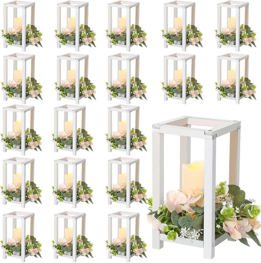 Hushee 60 Pcs Wooden Wedding Lantern Centerpiece Integrated Holders with Candles and Wreaths Rustic Wooden Candle Lantern Decor for Wedding Party Table Valentine Decor (White)