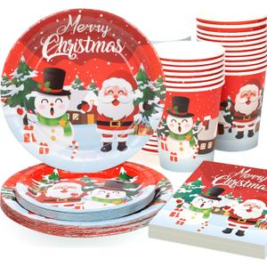 100 Pieces Christmas Paper Plates and Napkins Set Christmas Disposable Tableware Set Santa Claus Paper Plates Napkins Cups for Xmas Merry Christmas Party Supplies, Serves 25 (Red)