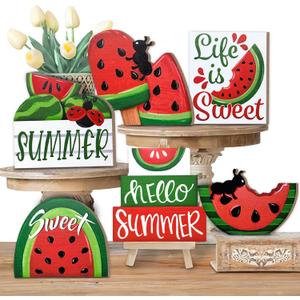 Summer Tiered Tray Decor, Red Green Watermelon Tray Decorations, Hello Summer Sweet Popsicle Ant Wooden Signs, Farmhouse Rustic Decorations for Home Table Shelf Mantel Party