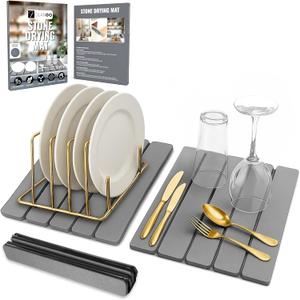 Large Foldable Stone Dish Drying Mat  Diatomaceous Earth, 2 Pack (12"x16" Each) or 24"x16" Combined  Fast Dry, Anti-Slip Pad, Sanding Tool & Instruction Manual for Kitchen and Bathroom, Dark Gray