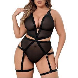 SOLY HUX Plus Size Teddy Lingerie for Women Sheer Mesh See Through Deep V Babydoll Bodysuits (Black, XXL)