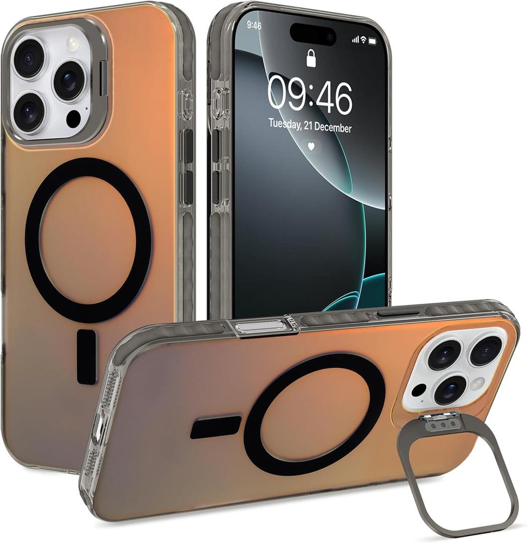 Cute Case for iPhone 16 Pro Max Case with Stand for Women Girls Men [Compatible with Magsafe] Aesthetic Glitter Sparkly Bling Magnetic Phone Cover with Camera Lens Kickstand, Iridescent Black