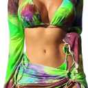 4 Piece Swimsiut for Women, Multi-Color Halo Dye Tie Dye Floral Butterfly Sleeved Pleated Drawstring Bikini Cover Up Skirt (Large, Green)