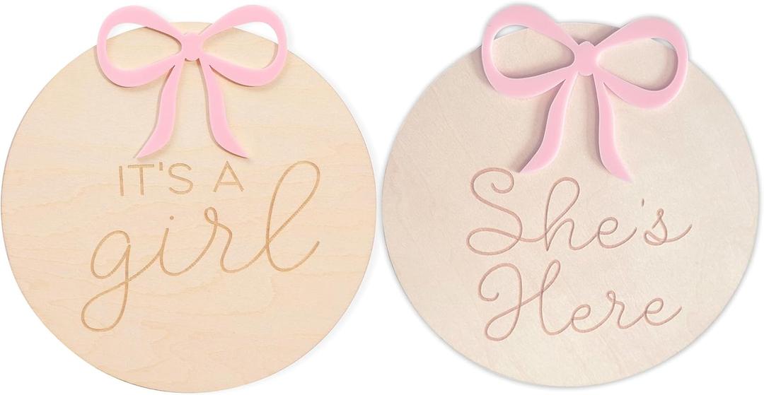 It's A Girl Gender Reveal Decorations - She's Here Wooden Card, Hospital Birth Gender Announcement, Girls Bow Hospital Sign, Baby Birth Sign Double Sided Engraving Photo Props