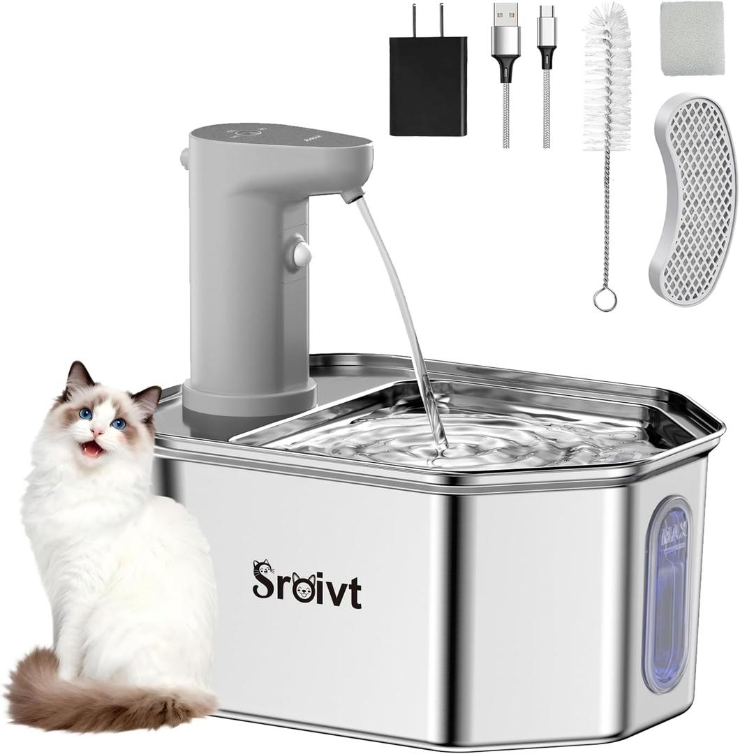 Cordless Cat Water Fountain Stainless Steel - Stainless Steel Cat Water Fountain Cordless - Water Fountain for Cats - Wireless Pet Water Fountain - Motion Sensor/Battery Operated 2.6L,1 Filter
