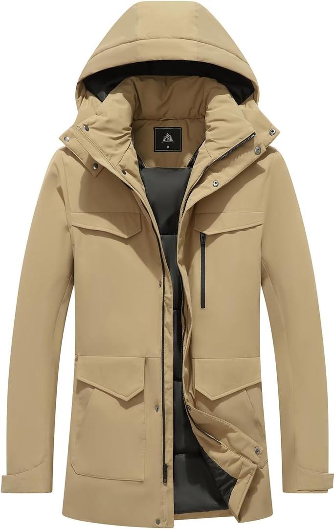 TUAOVA Men's Winter Coats Thicken Parkas Waterproof Windproof Detachable Hood Long Padded Puffer Jacket (Beige, L)