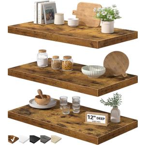 QEEIG 12" Deep Floating Shelves for Wall - 12 x 24 inch Book Shelf Bathroom Bedroom Kitchen Living Room Hanging Bookshelf Farmhouse Set of 3, Brown (026-60BN3), 23.6" x 12"