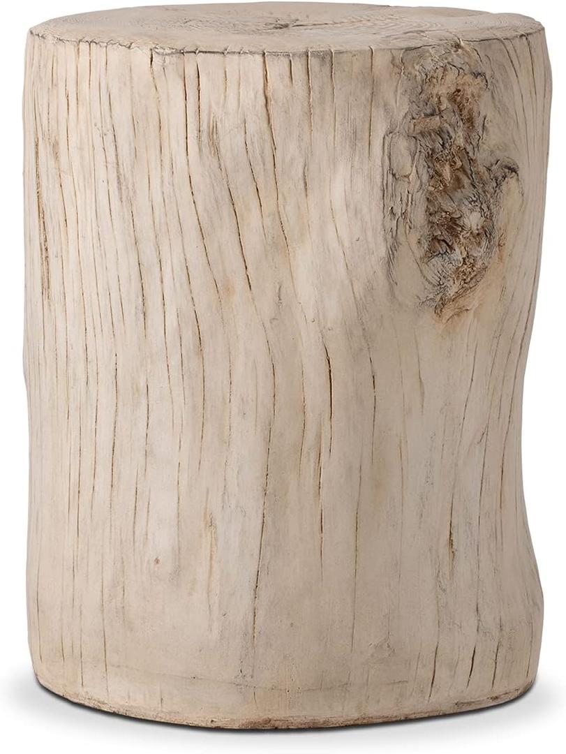 COSIEST Outdoor Antique Beige Side Table Faux Wood, Hand-Painted Wood Stump Stool, Ottomans, Plant Stand, Deck or Garden (1PC)