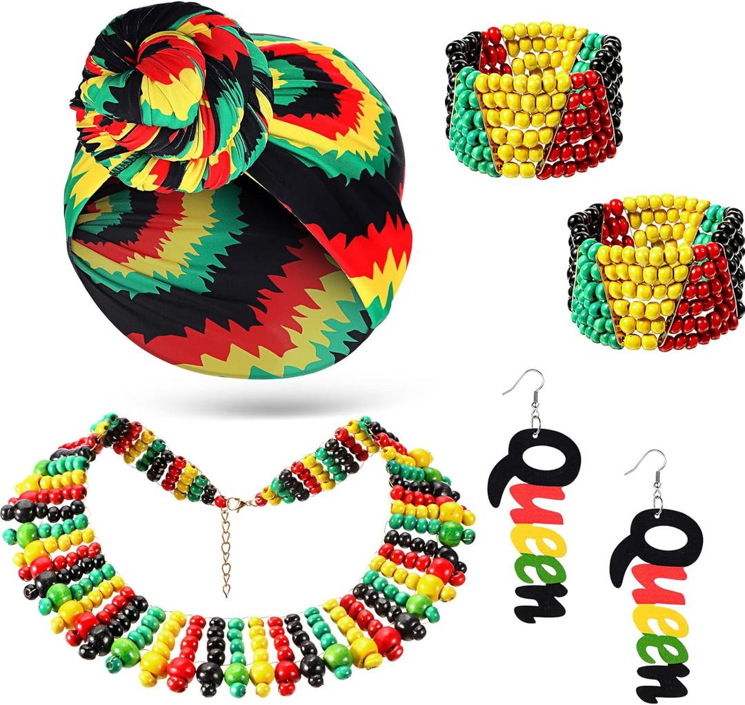 Yinkin 5 Pcs Jamaica Women's African Headband Jewelry Earrings Multicolor Beaded Jamaican Bracelet Headwraps Set Beaded Set Stretch Headband Halloween for Women