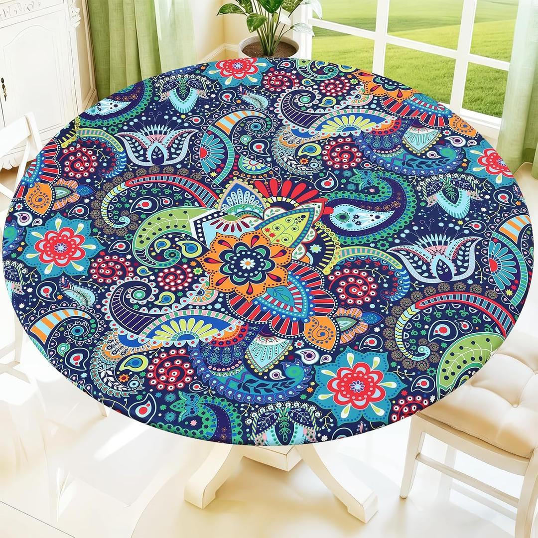 Moosfor Spandex Elastic Fitted Round Tablecloth for 36"-44" Tables, Stretch Washable Reusable Table Cover for Outdoor Picnic, Camping, Dining, Kitchen, Patio and Party, Paisley