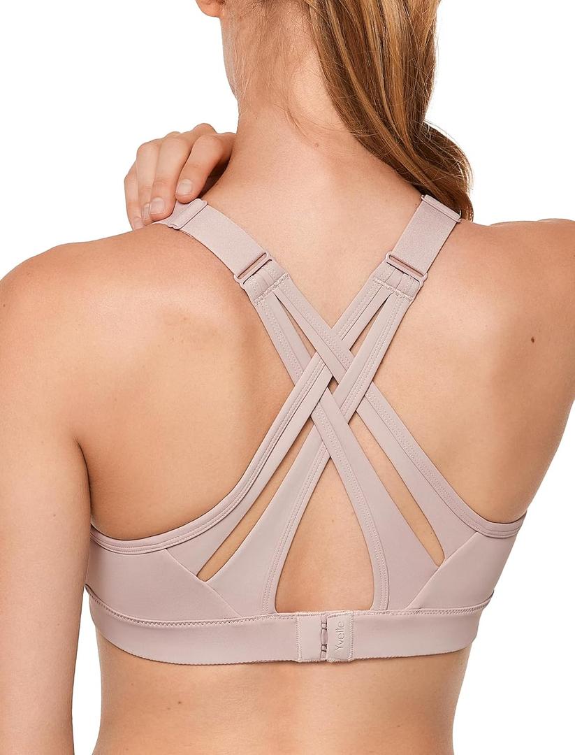 Yvette Sports Bra High Impact Adjustable Criss Cross Back, Full Support for Large Bust No Bounce (Pink, L)