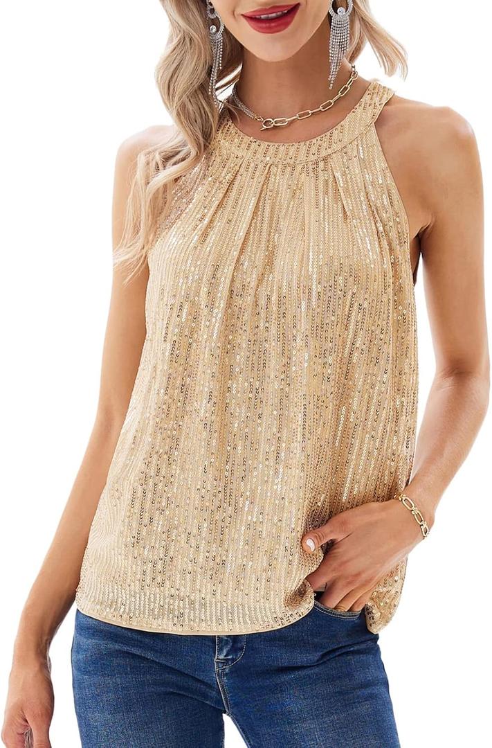 GRACE KARIN Sequin Halter Tops for Women Sleeveless Sparkly Shiny Tank Tops Ruched Flowy Sparkly Club Outfits Party Shirt, Champagne, Small 