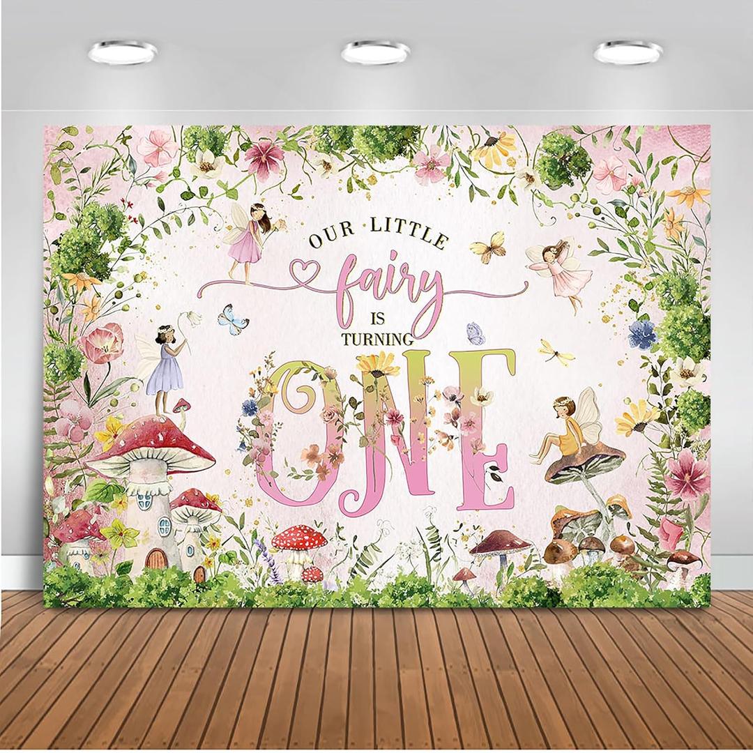 Mocsicka Fairy 1st Birthday Backdrop 7x5ft Princess Girl Happy First Mushroom Fairy Birthday Background Little Flowers Fairy Tale Wonderland Birthday Party Decoration Banner (Pink)