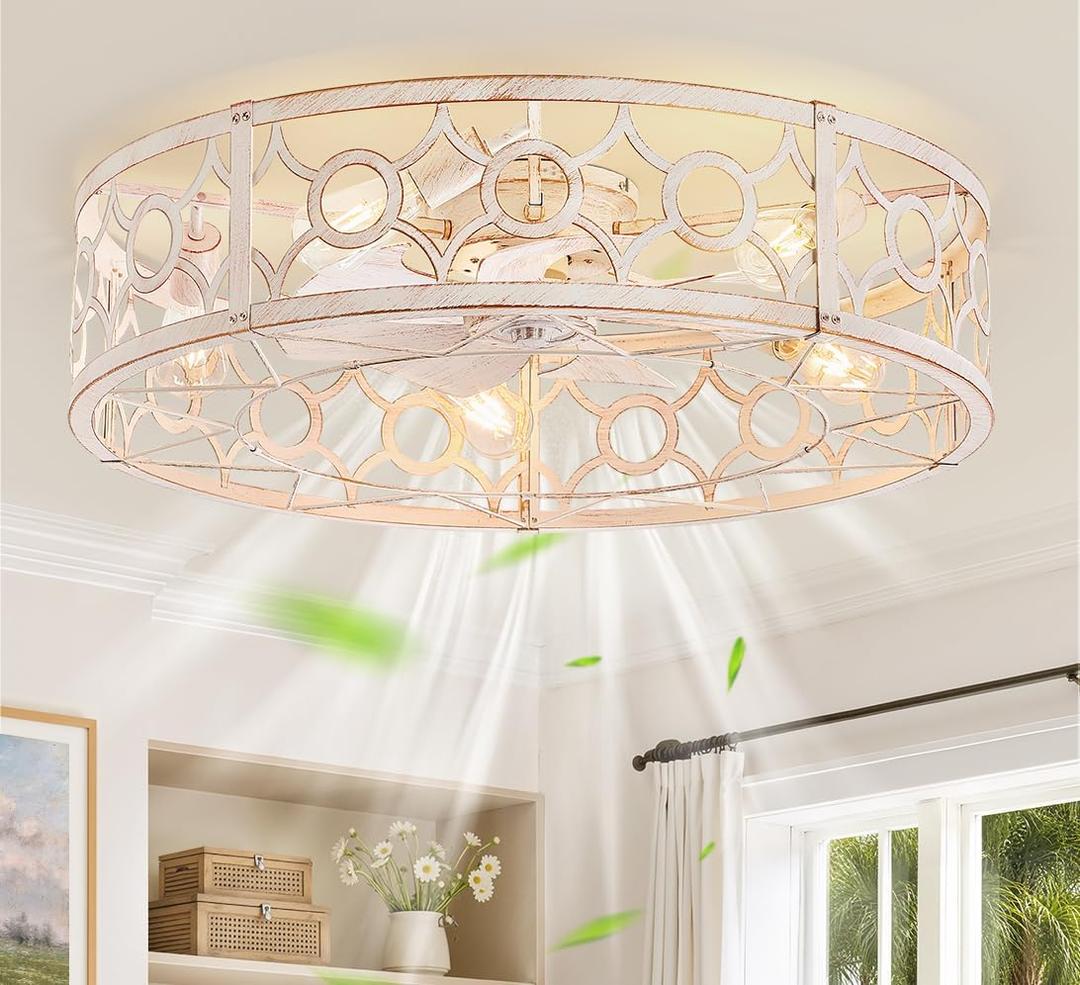 LEDIARY 30in White and Gold Caged Flush Mount Ceiling Fan