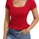 Belle Poque 2026 Summer Cute Tops for Women Short Sleeve Crop Tops Square Neck Ruffle Hem T Shirts (Red, L)